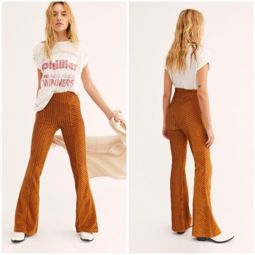 Free People Slim Pull-On Velvet Flare Pants in Brown Orange Size M